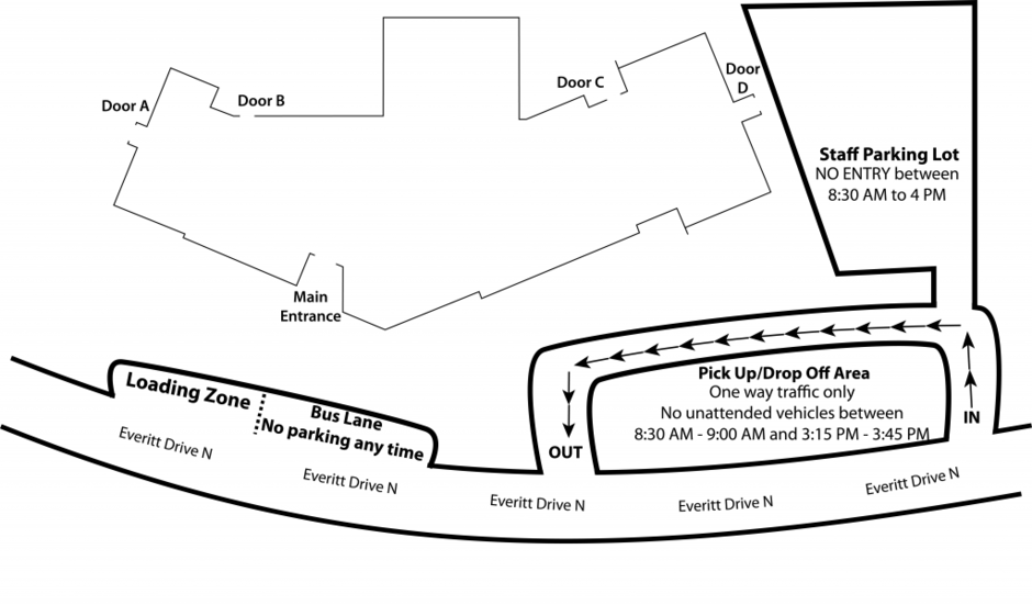 Diagram of the school and parking lots, showing the drop off lane and loading areas.